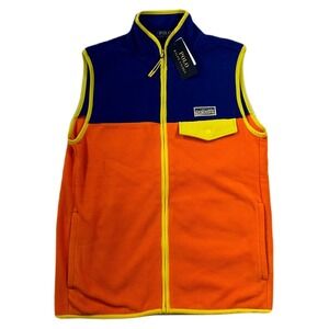 Polo Ralph Lauren Brushed Fleece Vest Mens XS Orange Blue Colorblock $168 NEW
